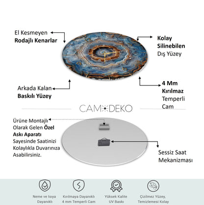 Mavi Kahve Mermer Desen Cam Tablo Saat