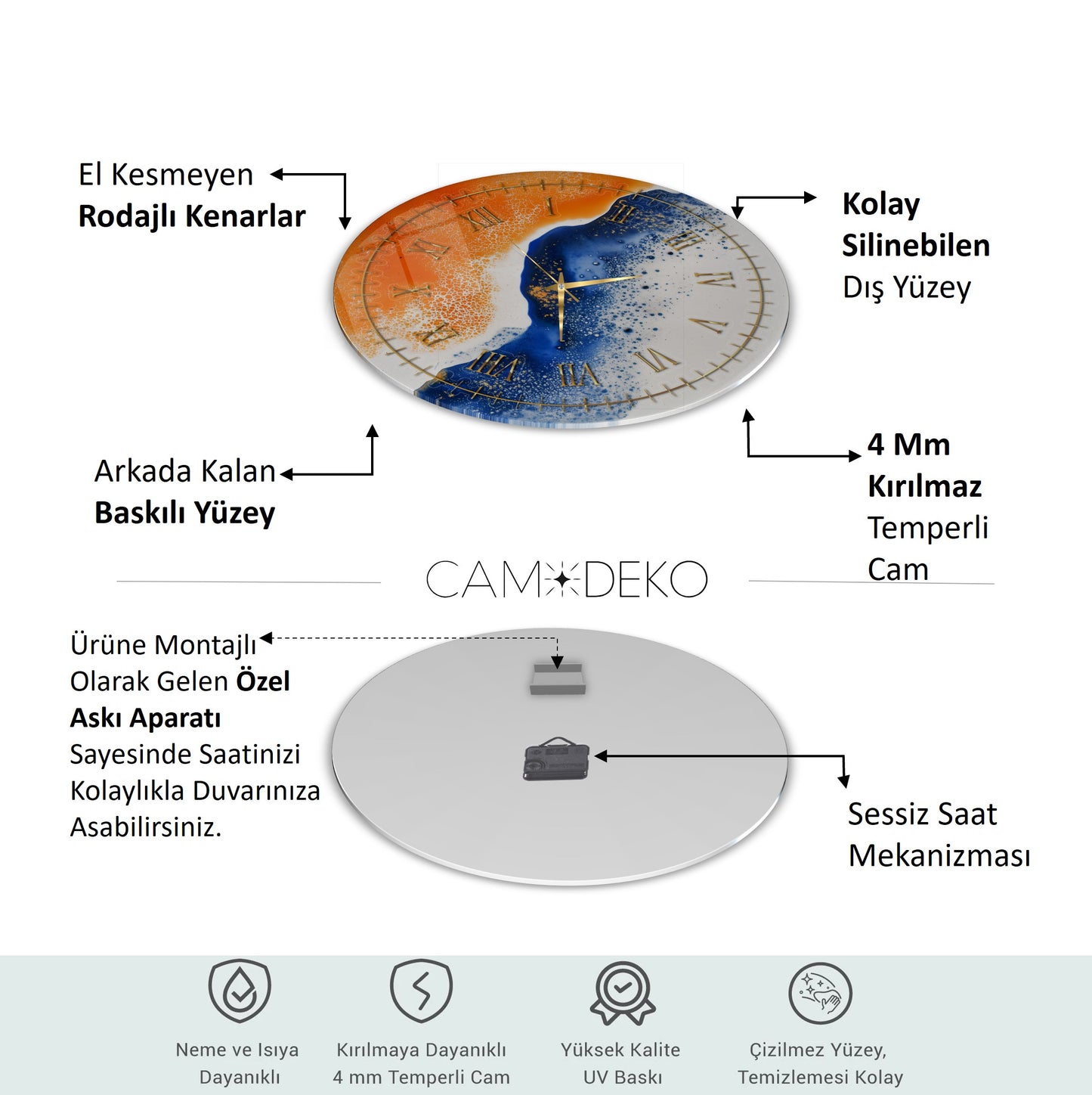Soyut Mavi Turuncu Cam Tablo Saat