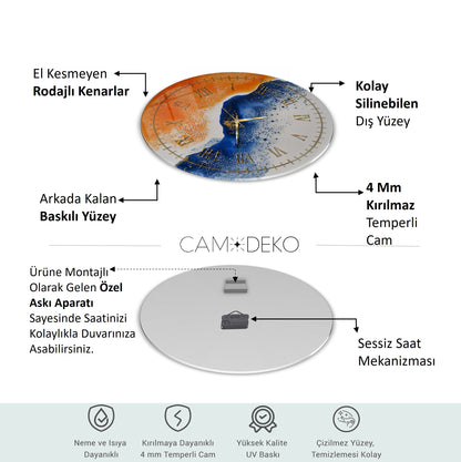 Soyut Mavi Turuncu Cam Tablo Saat