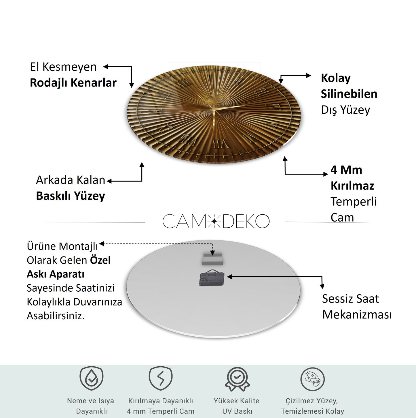 Metalik Soyut Gold Cam Duvar Saati