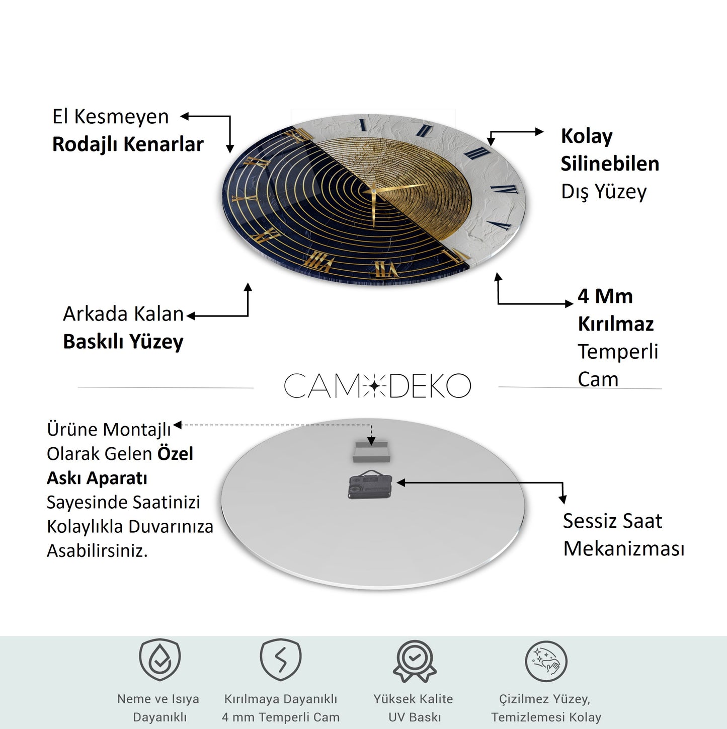 Siyah Beyaz Soyut Gold Cam Duvar Saati