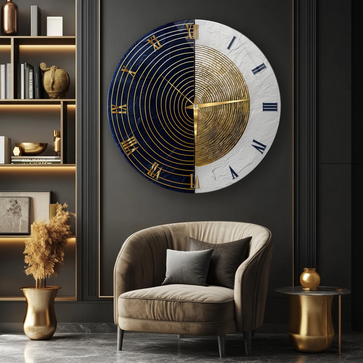 Siyah Beyaz Soyut Gold Cam Duvar Saati
