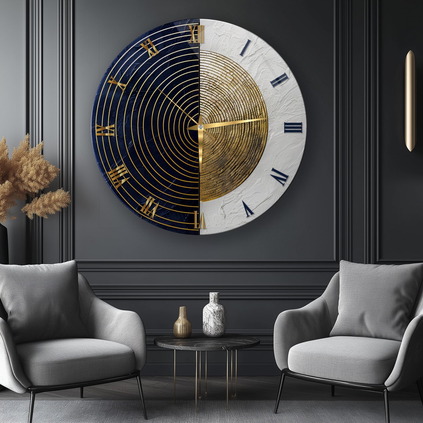 Siyah Beyaz Soyut Gold Cam Duvar Saati