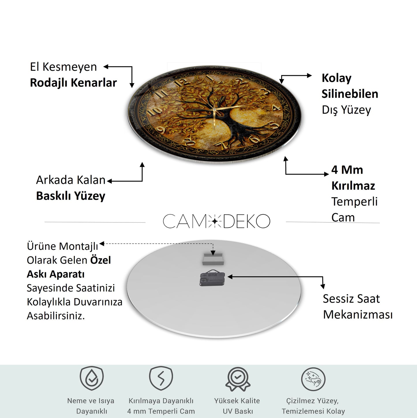 Gold Hayat Ağacı Cam Duvar Saati