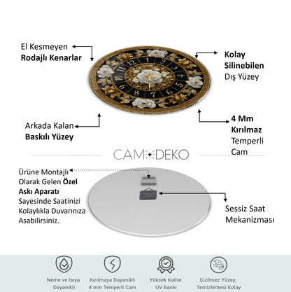 Gold Detay Çiçekler Cam Duvar Saati