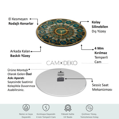 Yeşil Gold Desen Cam Duvar Saati