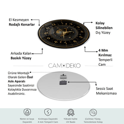 Siyah Gold Gezegen Cam Duvar Saati