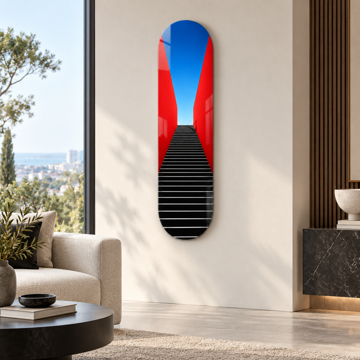 Kırmızı duvarlı merdiven desenli Skate Board cam tablo - modern salon görünümü