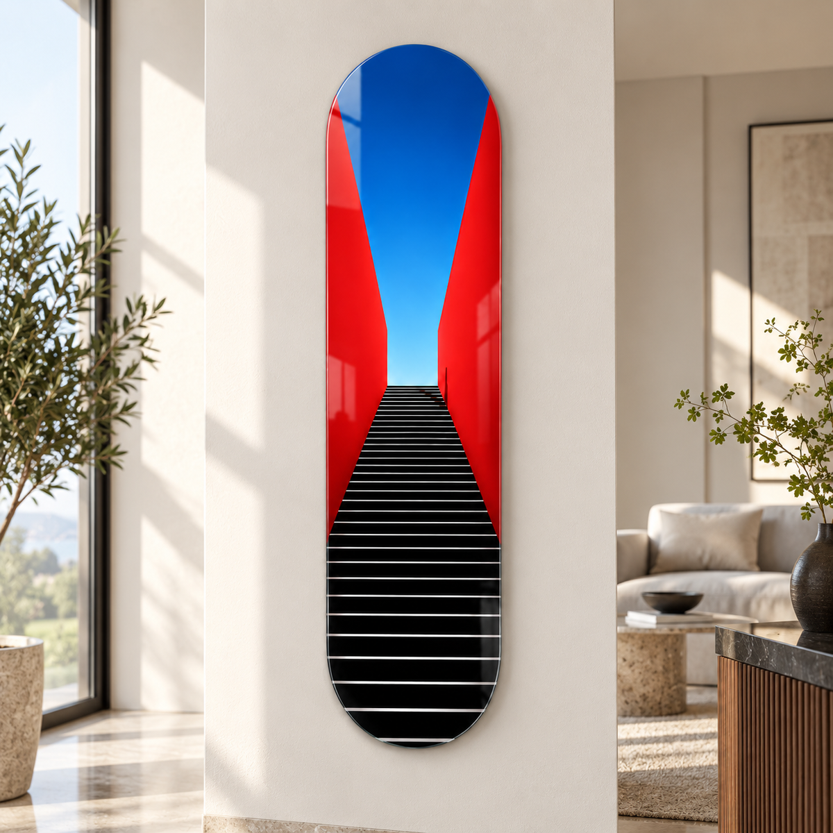 Kırmızı duvarlı merdiven desenli Skate Board cam tablo - farklı modern mekân görünümü