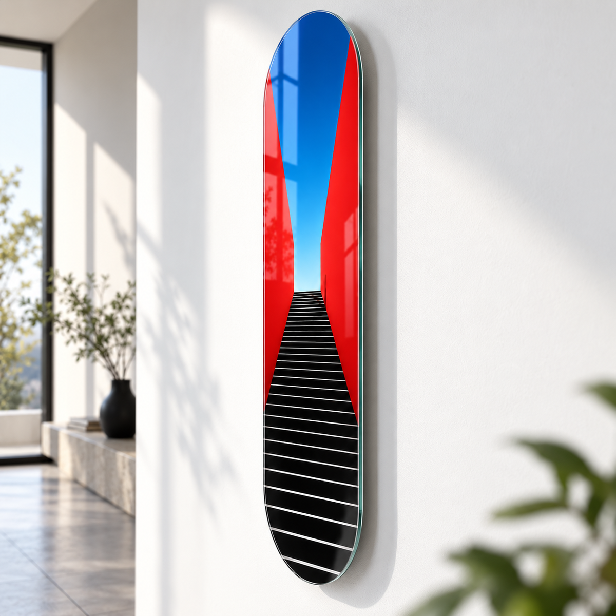 Kırmızı duvarlı merdiven desenli Skate Board cam tablo - yaklaşık 2 cm duvar mesafesi ve yüzer görünüm
