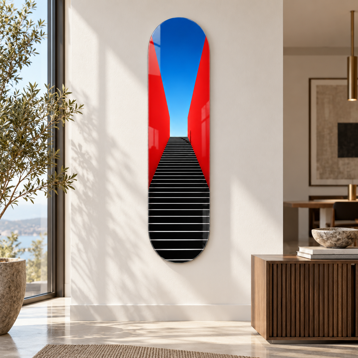 Kırmızı duvarlı merdiven desenli Skate Board cam tablo - alternatif modern mekân görünümü