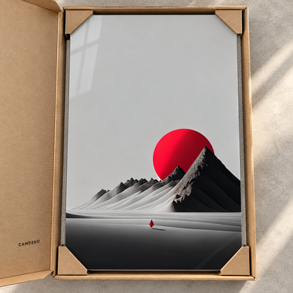 Kırmızı Güneş ve Gri Dağlar Dikey Cam Tablo — CAMDEKO koruyucu paketleme
