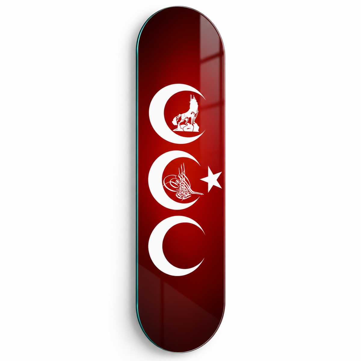 Kırmızı üç hilal kurt ve tuğra desenli Skate Board cam tablo - beyaz zemin