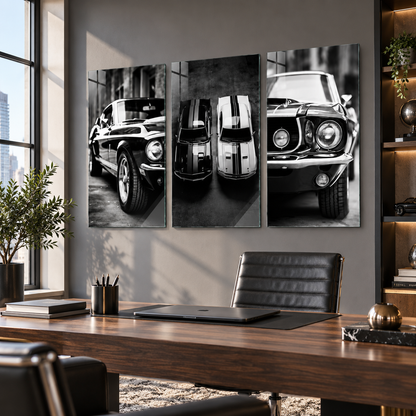 Klasik Amerikan otomobilleri siyah beyaz 3'lü cam tablo premium ofis
