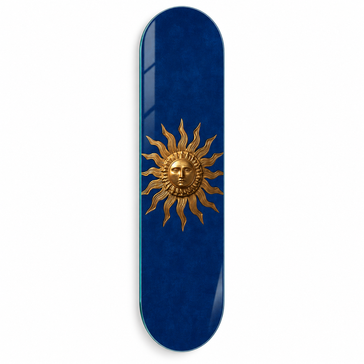 Kraliyet mavisi ve altın güneş desenli Skate Board cam tablo - beyaz zemin