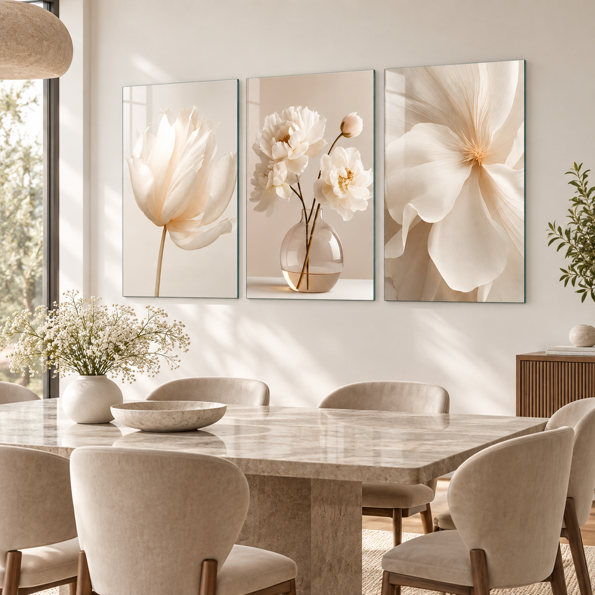 Krem beyaz çiçekli üçlü cam tablo modern yemek odası görünümü