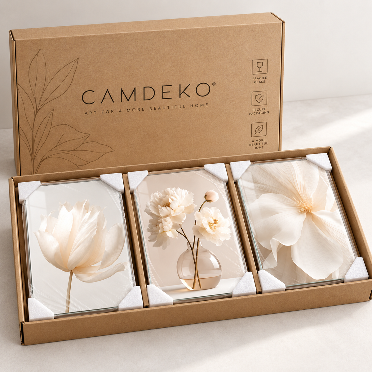 CAMDEKO krem beyaz çiçekli üçlü cam tablo korumalı kraft paketleme