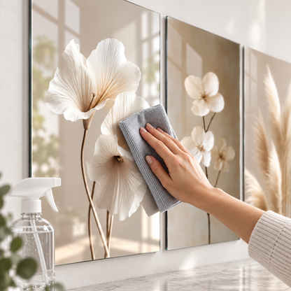 Krem çiçek ve pampas cam tablo setinde mikrofiber bez ile cam yüzeyi temizleme gösterimi