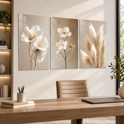 Krem çiçekler ve pampas bej üçlü cam tablo setinin doğal ışıklı minimalist ofiste görünümü