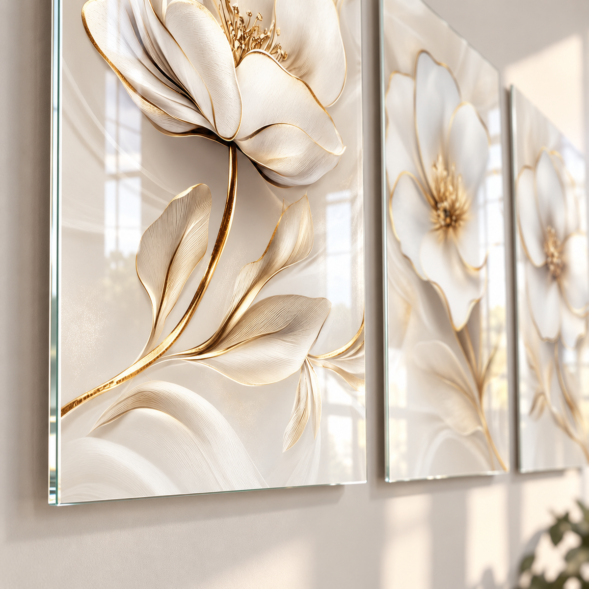 CAMDEKO gold detaylı krem beyaz çiçekler üçlü dikey cam tablo – ince cam kenarı