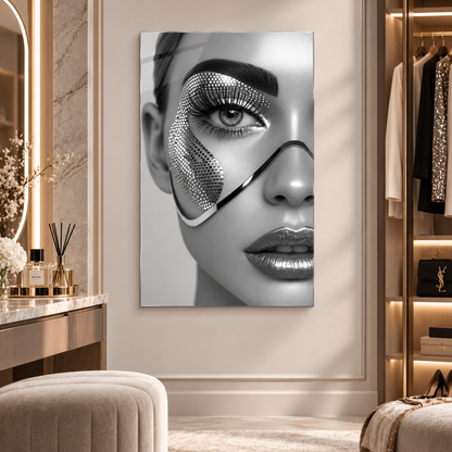 Krom taşlı kadın portre cam tablo lüks giyinme odası mockup