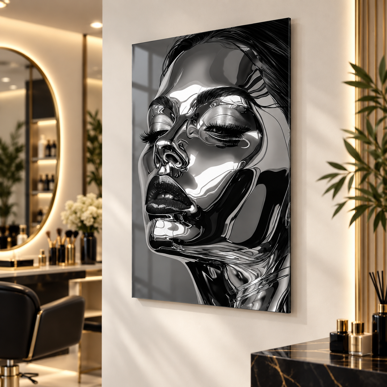 Krom yansımalı kadın portre cam tablo lüks salon mockup