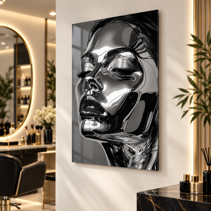Krom yansımalı kadın portre cam tablo lüks salon mockup