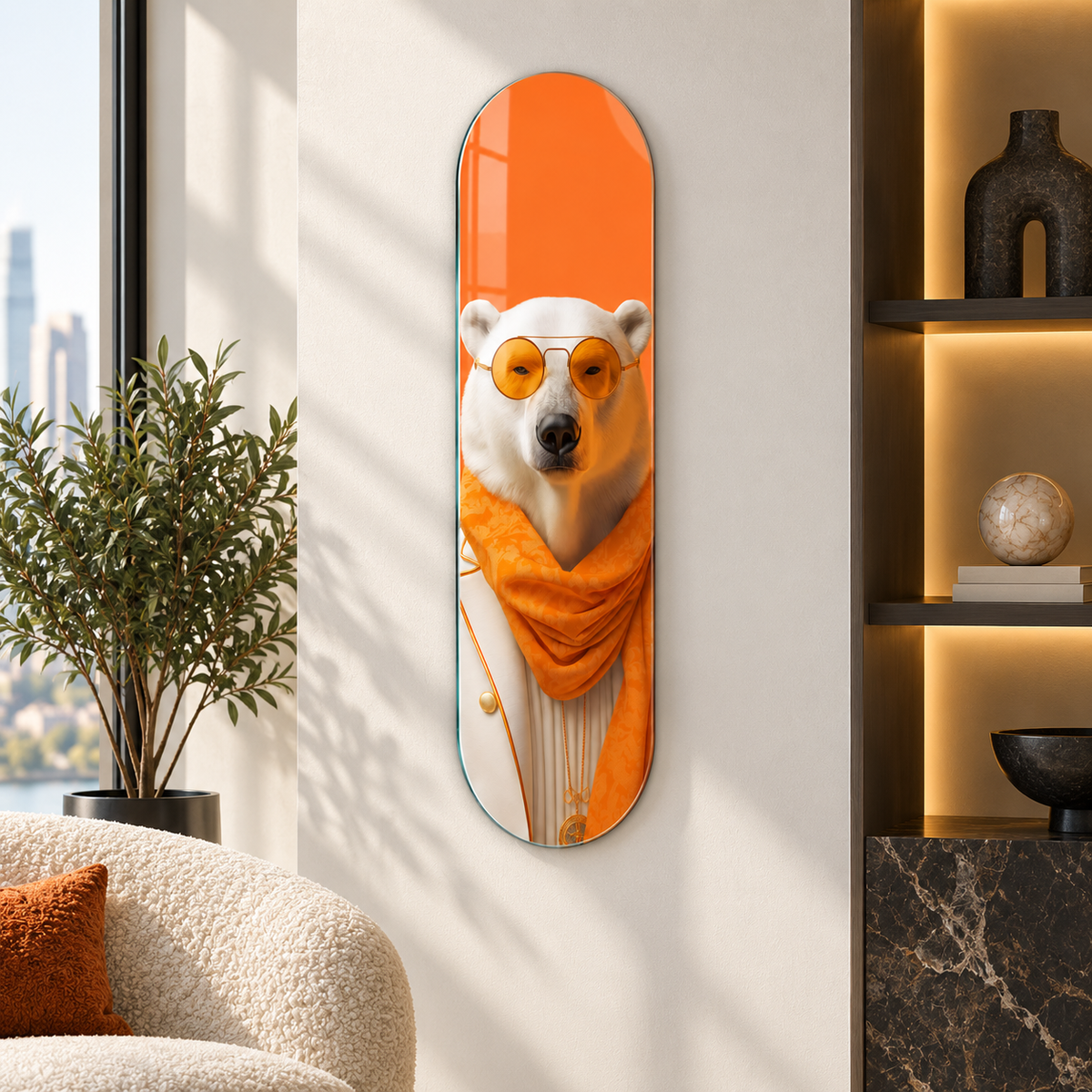 Turuncu şallı gözlüklü kutup ayısı Skate Board cam tablo - premium mekan