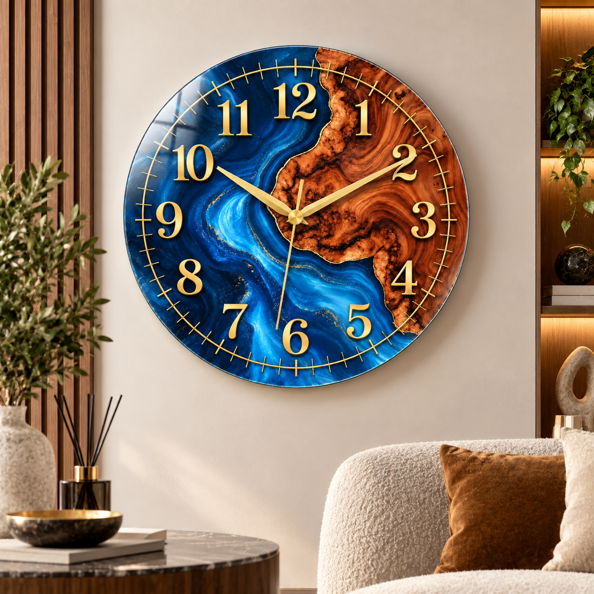 Lacivert ahşap desenli gold cam saatin modern salonda görünümü