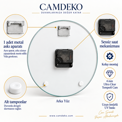 CAMDEKO cam saat arka yüzü: yapıştırmalı tırtıklı metal askı, sessiz mekanizma ve iki beyaz denge tamponu