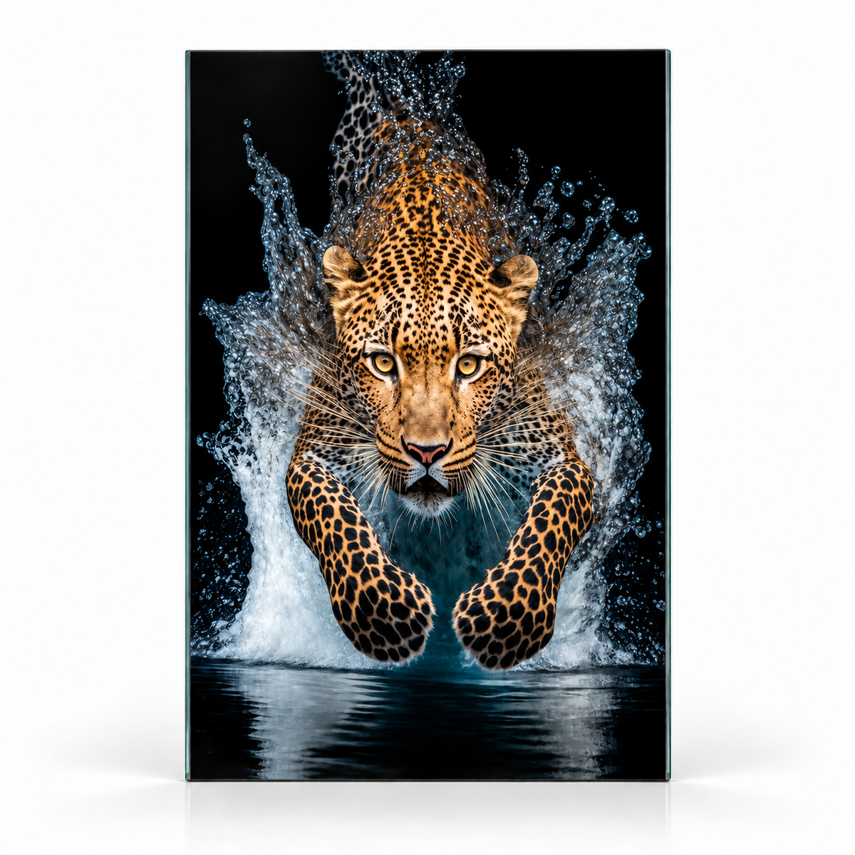 Su Sıçramaları İçinde Leopar Dikey Cam Tablo - 60x90 dikey cam tablo, kare tuvalde karşıdan vitrin