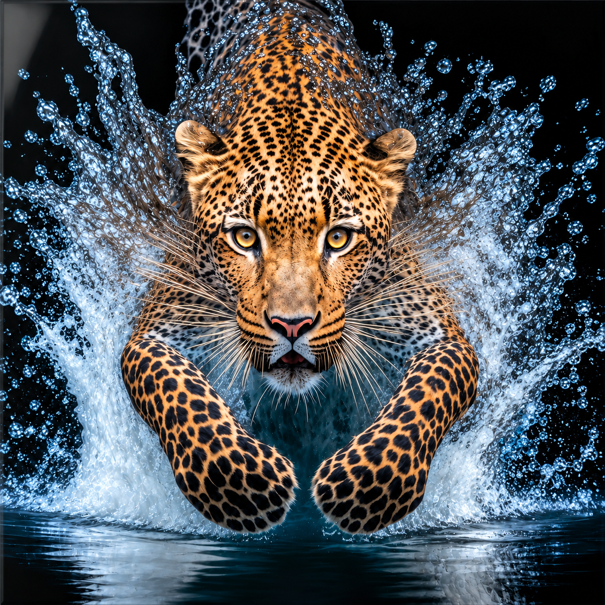 Su Sıçramaları İçinde Leopar Dikey Cam Tablo - baskı detay görünümü, kare tuval