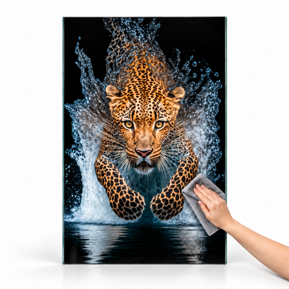Su Sıçramaları İçinde Leopar Dikey Cam Tablo - 60x90 dikey cam tablo temizlik görünümü, kare tuval