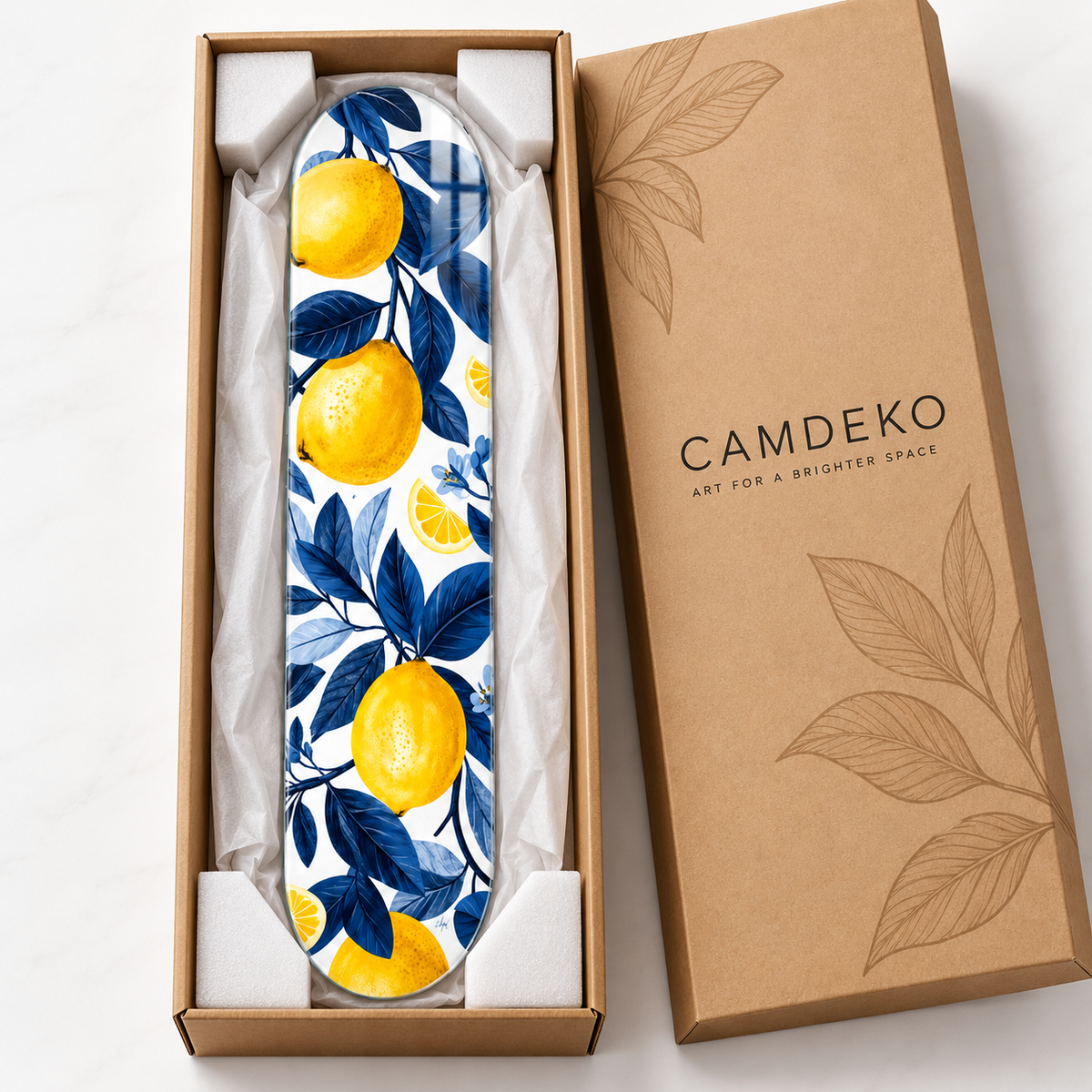 CAMDEKO güvenli paketleme - limon ve lacivert yaprak desenli Skate Board cam tablo