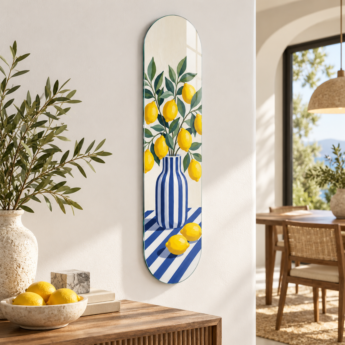 Limon ve mavi çizgili vazo temalı Skate Board cam tablo - farklı premium mekan