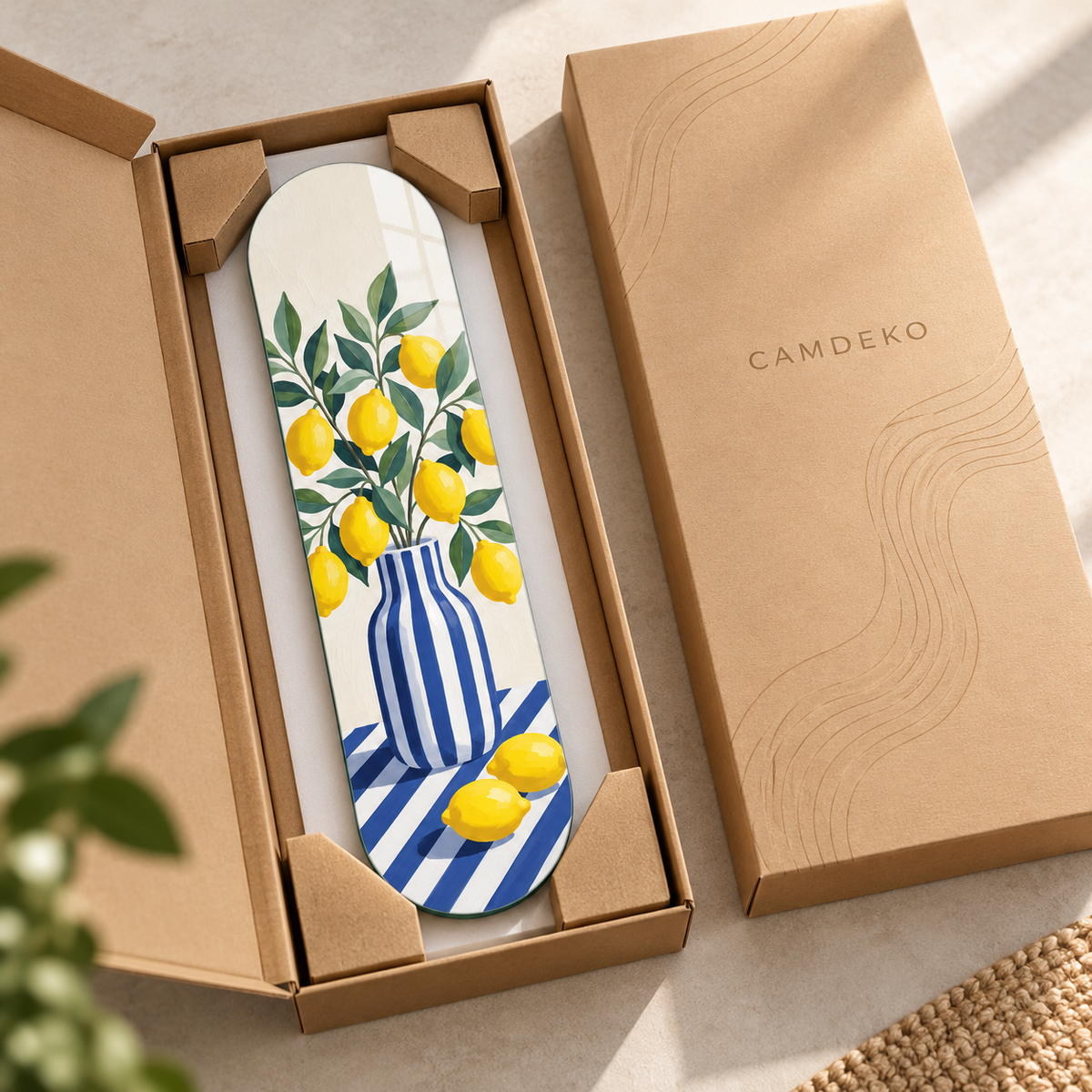 CAMDEKO güvenli paketleme - limon ve vazo temalı Skate Board cam tablo
