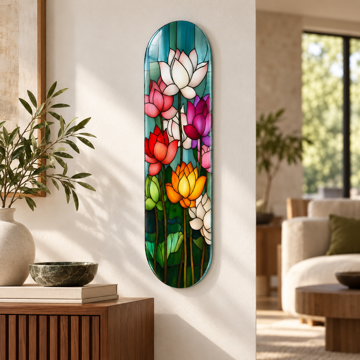 Renkli lotus vitray desenli Skate Board cam tablo - farklı premium mekan
