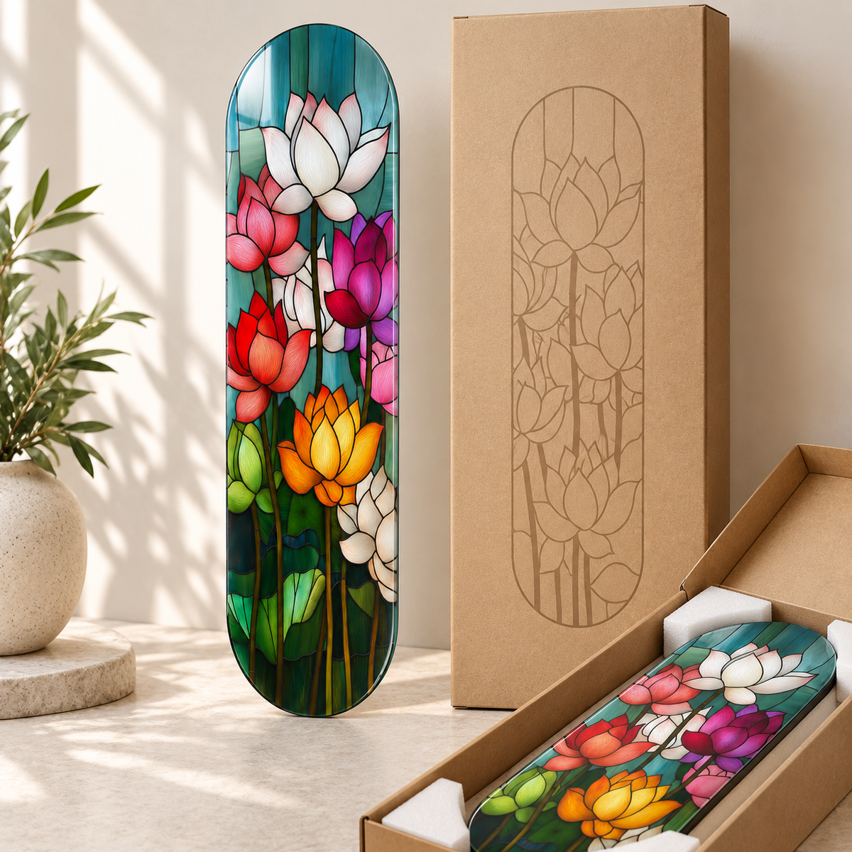 CAMDEKO güvenli paketleme - renkli lotus vitray Skate Board cam tablo