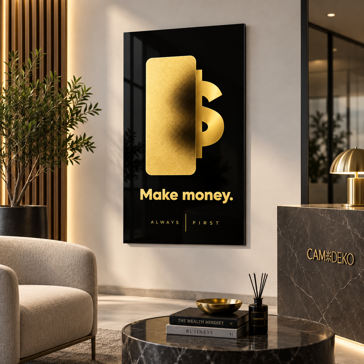 Make Money siyah gold cam tablo premium lobi mockup