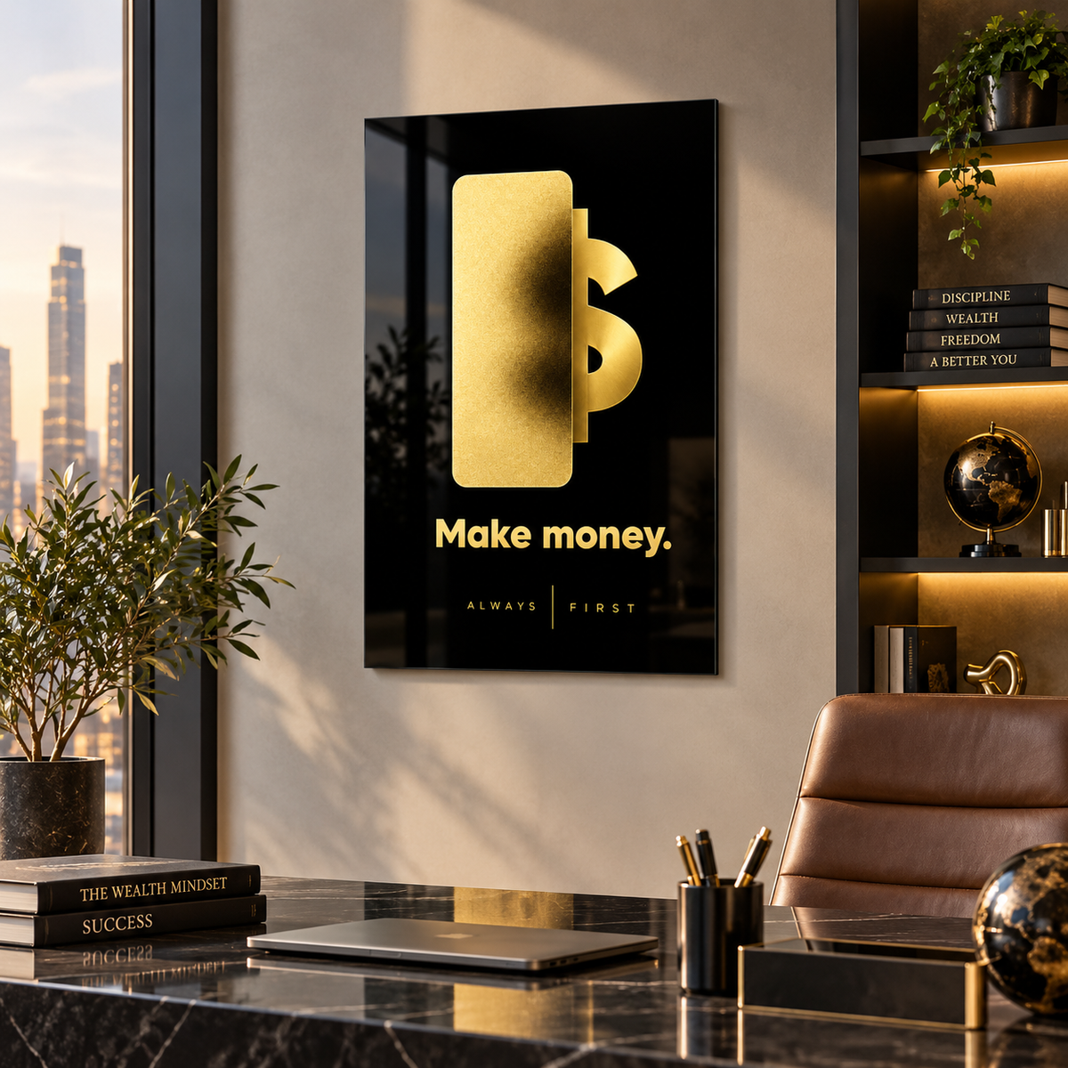 Make Money siyah gold cam tablo yönetici ofisi mockup