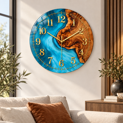 Mavi ahşap epoksi desenli gold cam duvar saati - modern yaşam alanı