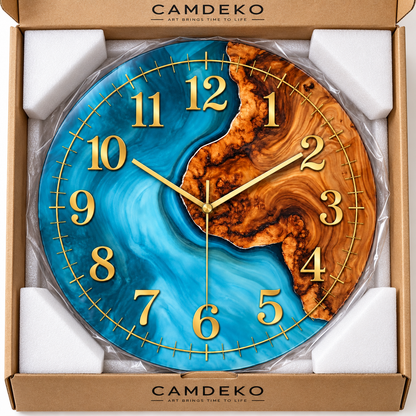 CAMDEKO mavi ahşap gold cam saat - güvenli paketleme