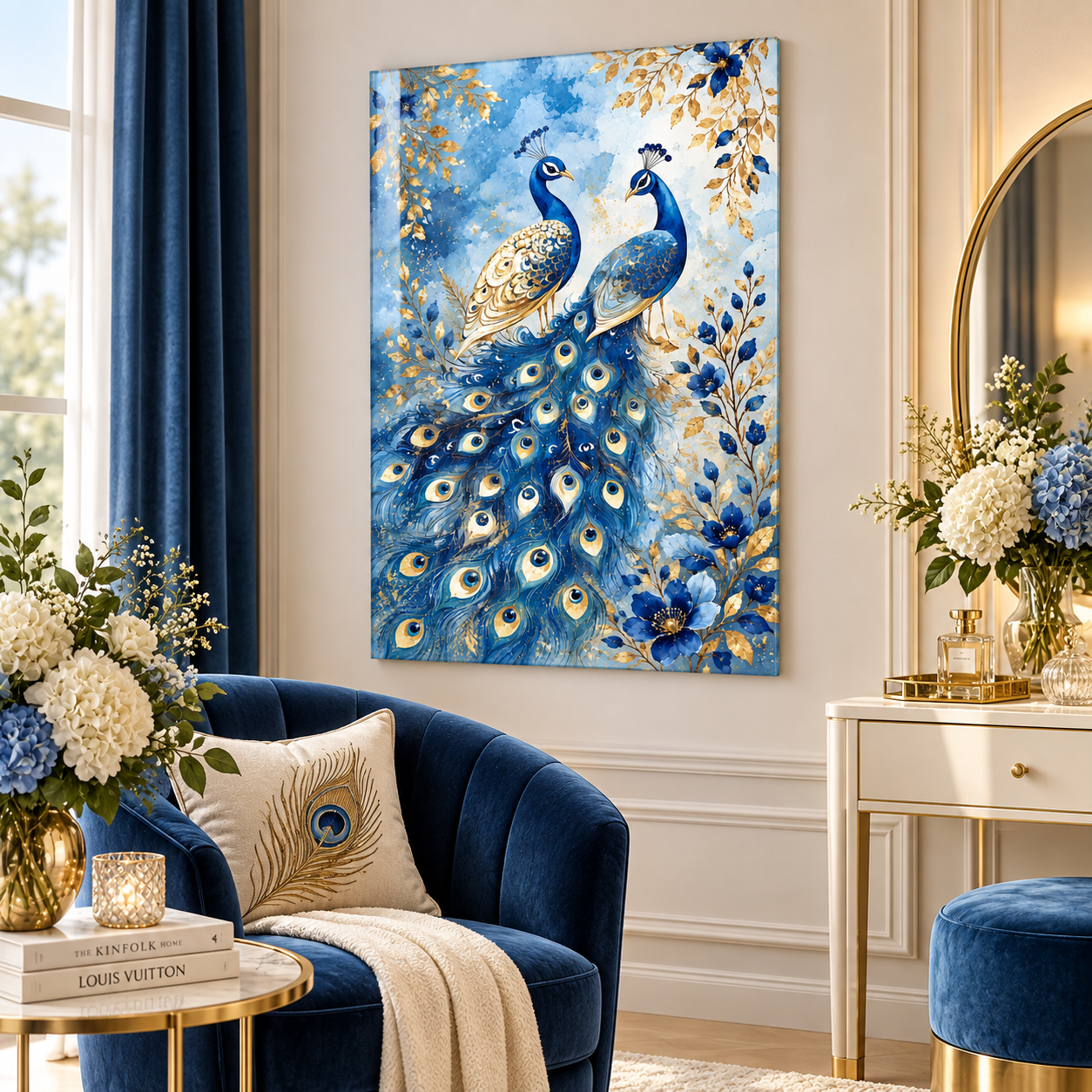 Mavi gold tavus kuşları cam tablo premium iç mekan mockup