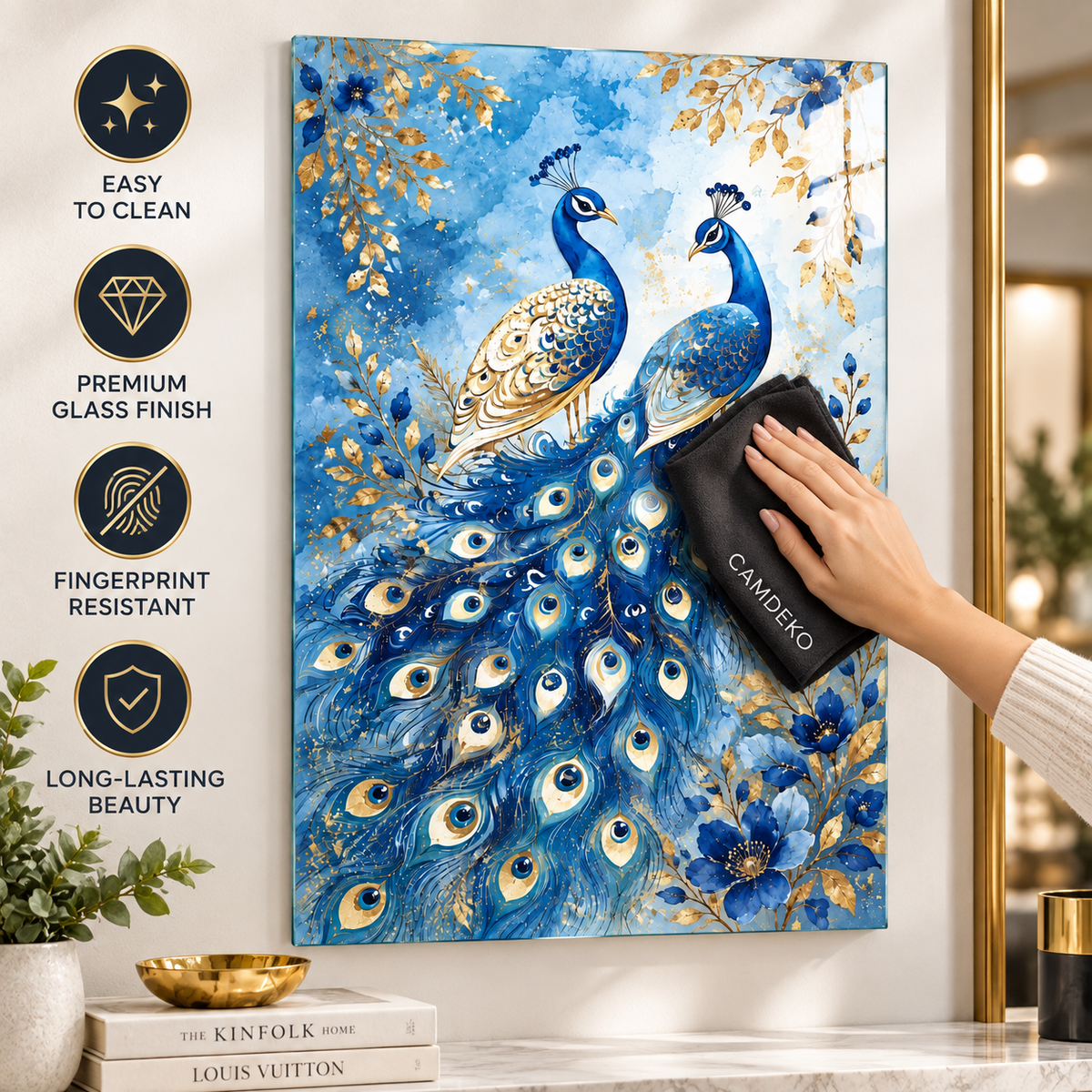 CAMDEKO bez ile kolay temizlenen mavi gold tavus kuşları cam yüzey