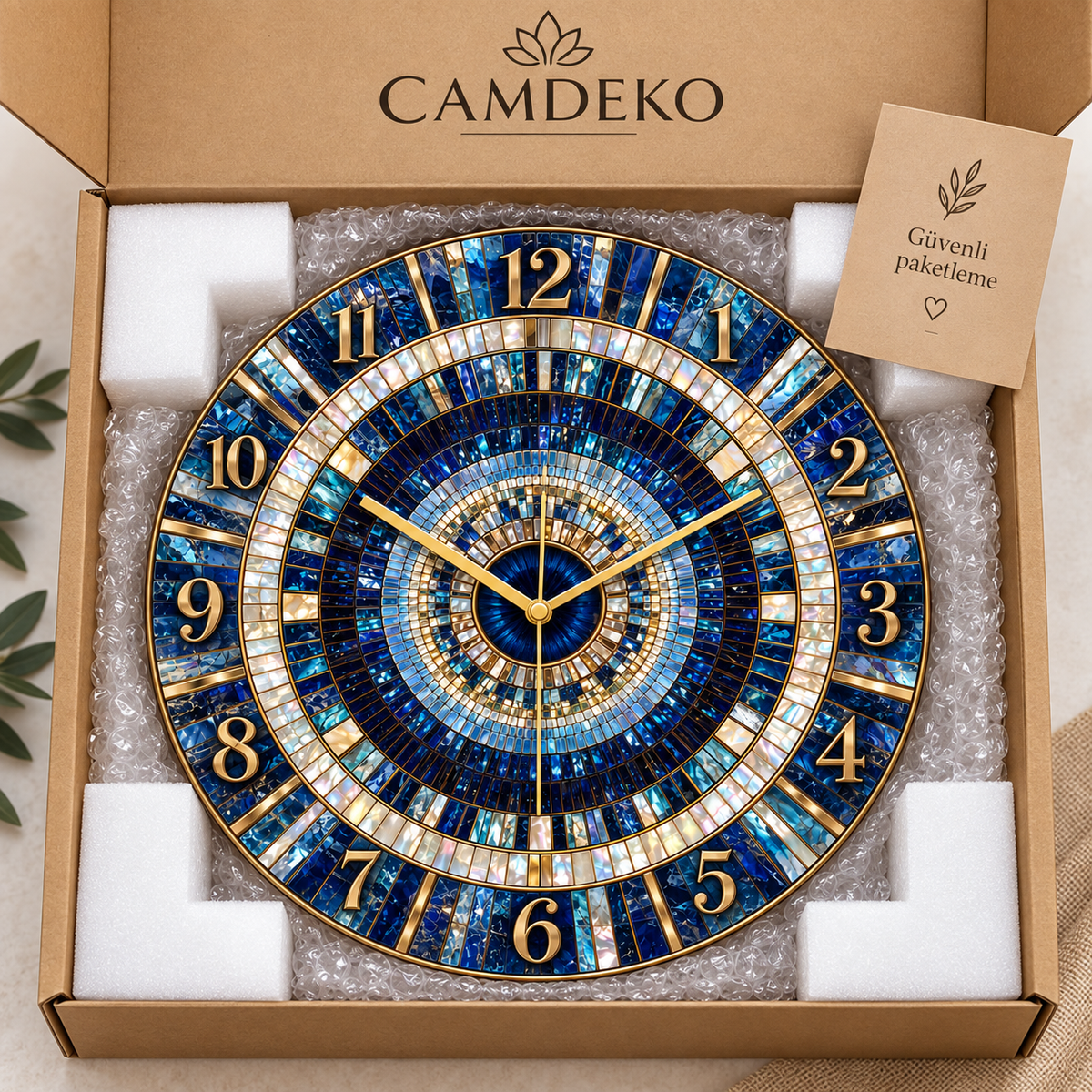 Mavi sedef mozaik desenli gold cam saatin CAMDEKO kraft kutuda balonlu ambalaj ve beyaz köşe destekleriyle paketlenmesi