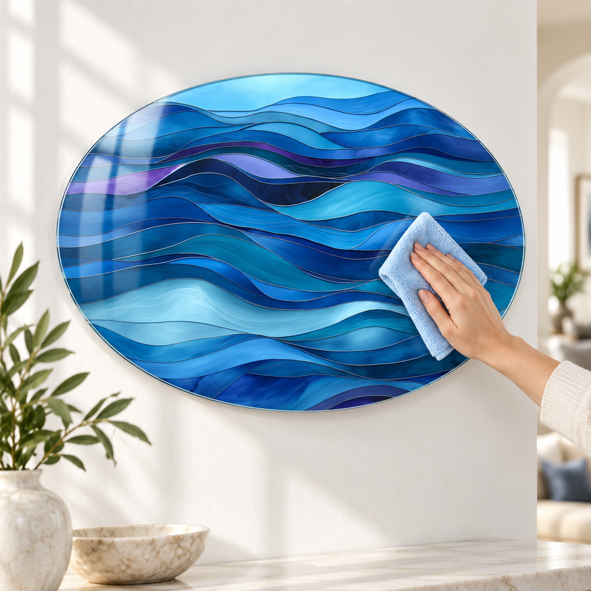 Mikrofiber bezle temizlenen oval yatay cam tablo