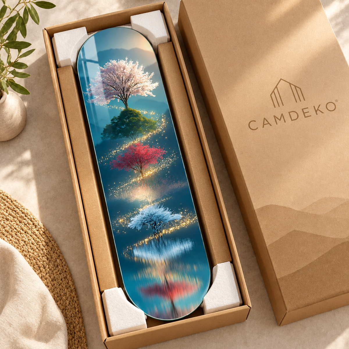 CAMDEKO güvenli paketleme - mevsim ağaçları ve göl yansıması Skate Board cam tablo