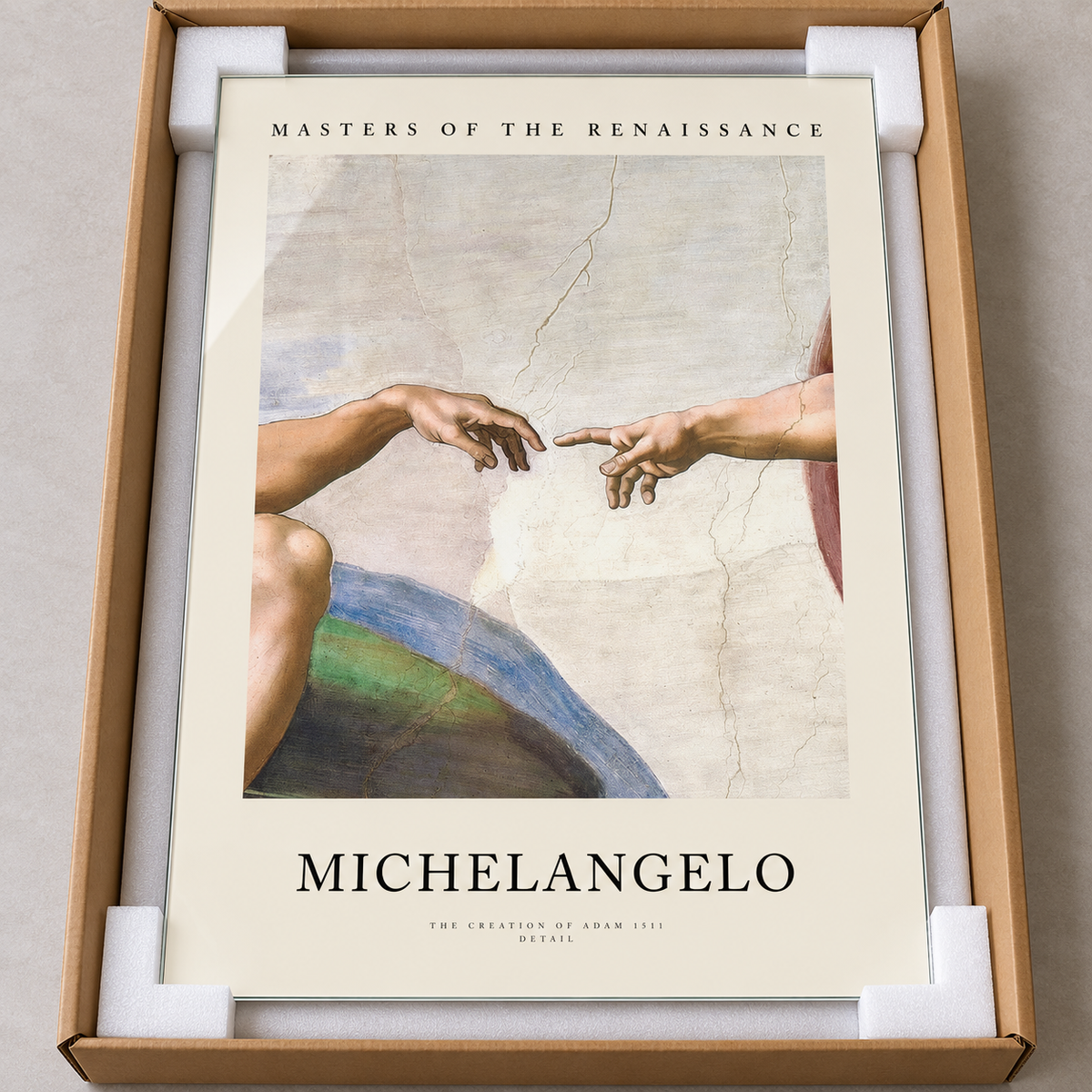 Michelangelo Âdem’in Yaratılışı Dikey Cam Tablo - Koruyucu paketleme
