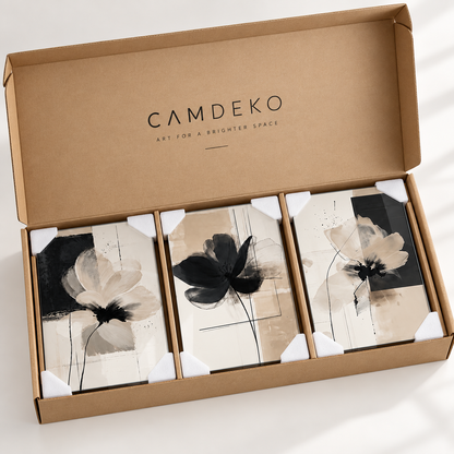 CAMDEKO soyut çiçek üçlü cam tablo sade korumalı paketleme