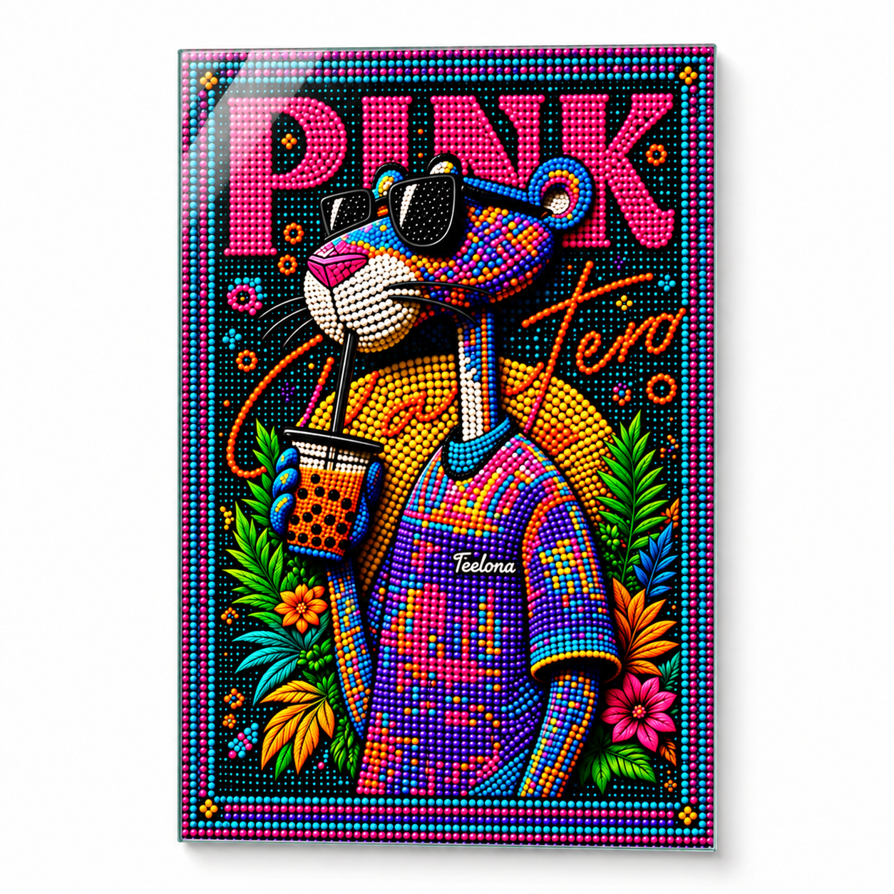 Neon boncuklu pembe panter dikey cam tablo